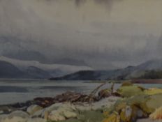 Jack Merriott (1901-1968, British), watercolour, A lakeside with snowy hills in the distance, signed