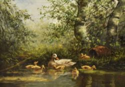 Constant Artz (1870-1951, French), oil on canvas, A family of ducks swimming within a woodland