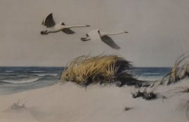 After Karl Ewald Olszewski (1884-1965, Polish), coloured print, 'Swans in Flight', framed and