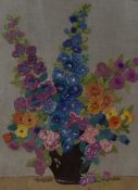 20th Century, a needlework embroidery depicting a still life arrangement of flowers, framed and