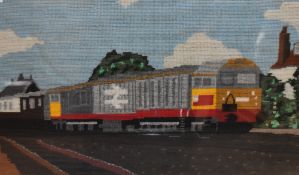 20th Century, needleworks, Five embroidered illustrations of locomotives, all framed and under