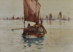 After Frank H. Mason (1875/6-1965, British), print, A maritime landscape with masted boat to the for