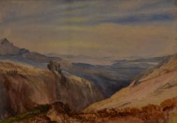 19th/20th Century, watercolour, A mountainous landscape with sea and islands in the distance,