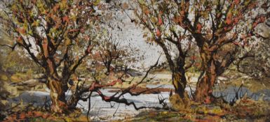 20th Century, oil on canvas, A semi-abstract wooded landscape, framed, measuring 19cm x 39cm, & 26cm
