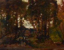 Robert Noble RSA (1857-1917, Scottish), oil, An autumnal woodland landscape with horse and cart,