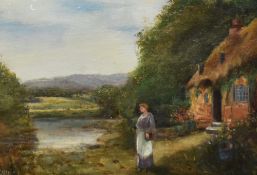 20th Century School, oil on board, A woman beside a thatched roof cottage, signed indistinctly to