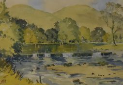 20th Century School, watercolour, A river weir, framed, mounted, and under glass, measuring 25cm x