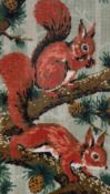20th Century, needlework, Three wildlife studies of red squirrels, mallard ducks, and pheasants, all