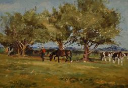 Peter Ward (20th Century), oil on canvas, A pastoral landscape with grazing horse to the centre,