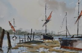 John Lewis (20th Century, British), watercolour, Moored boats, signed to the lower right, framed,