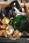 Two large coloured glass goblet vases, a ladies vintage brush, mirror and clothes brush, a small