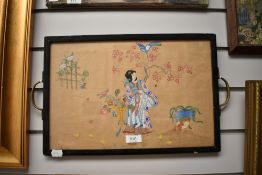 A 20th Century Chinese Gouache painting depicting a Geisha lady with wildlife set into a tray.