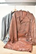 A mens leather effect belted double breasted 3/4 length brown jacket 44' chest and a ladies Nino