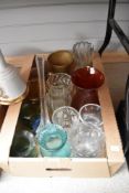 A carton of assorted plain and coloured glass vases.