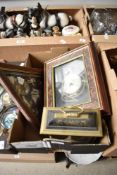 Three assorted clocks including a triangular nautical style wall clock, a framed pocket watch