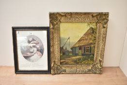 A coloured print of Delia in Town after George Morland and a continental oil painting of a