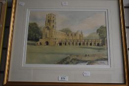 A watercolour depicting Fountains Abbey in Ripon signed indistinctly to lower right hand corner,