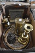 A collection of brass, a bell in the form of a lady and a 1930s barometer, including interesting