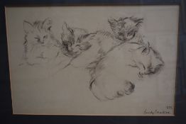 A charcoal drawing of kittens on a cream background signed Barcly Crewdson 1975 to lower right