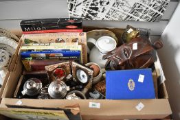 A miscellaneous selection of items including a silver plated tea set, two ceramic beer tankards, a