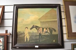 A coloured print of racehorse and trainer.