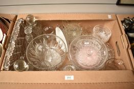 A carton of assorted pressed/cut glass and crystal bowls, decanters, jugs and jam pots etc.