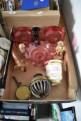 Three cranberry glass dishes one having ruffled edging, a Paragon China beaker celebrating the