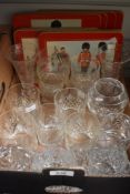 A collection of cut glass tumblers, sugar basin, vases etc, also included are some place mats of