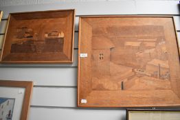Two Sorrento style inlaid wooden illustrations of coastal scenes.