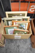 A collection of framed decoupage, wildlife and botanical artworks.