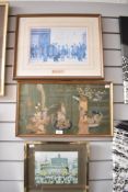 Two LS Lowry coloured prints and a silk and wire embroidery with metal inlay.