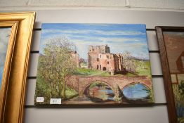 An amateur oil on canvass depicting a castle ruin with bridge to foreground.