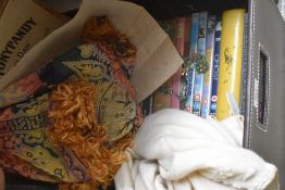 A miscellaneous selection of items including vintage books, DVDs, a vintage shawl and cardigan AF, a