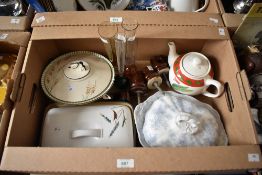 Three serving dishes including a Burleigh Art Deco style, a blue and white floral and a Denby '