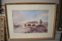 Clive Wylie (20th Century, British), watercolour, The picturesque stone arched bridge at