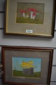 Two pastel pictures depicting mushrooms, Amanita Muscaria (Fly Agaric) and Hypholoma Fasciculare (
