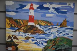 A cheerful painting of a coastal landscape and lighthouse.