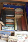 A carton of varied genre books from Hans Christian Anderson through Philip's Great World Atlas via