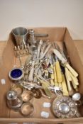 A small selection of flatware and cutlery plated condiment set and napkin rings etc.