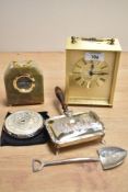 A mid-20th Century Tudor battery operated carriage clock, an Art Deco style miniature onyx mantel