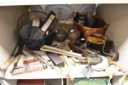A miscellaneous selection of items including plains, sharpening wheel, saws, vintage rulers, a jam