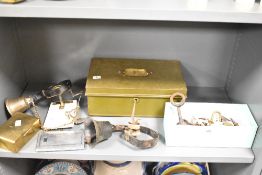 A Victorian green painted deed tin, plus other metalware to include bells and a brass State