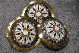 Three 20th Century Tiffany style glass ceiling light shades with brushed metal mounts, each