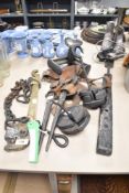 A Victorian brass mounted steel yard balance by Fairbank USA, a work man's leather tool belt with