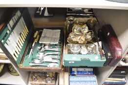 A selection of plated ware including a WMF Germany silver plated maple leaf dish alongside rose