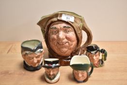 A Royal Doulton 'Friar Tuck' character jug, measuring 16cm high, and four smaller Royal Doulton