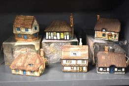 Six vintage Van Hill pottery cottage ornaments by Yvonne Fowler, the largest measures 8cm high