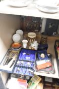 A set of Viner's cased teaspoons with sugar nips, Crummel's enamel trinket case depicting Mozart,