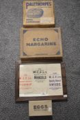 A selection of vintage advertising ware including Ecco margarine box, Palethorpes sausages box, Eggs