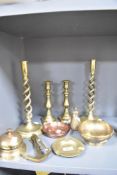 Two pairs of 19th/20th Century brass candlesticks, the largest measure 30cm tall, plus other